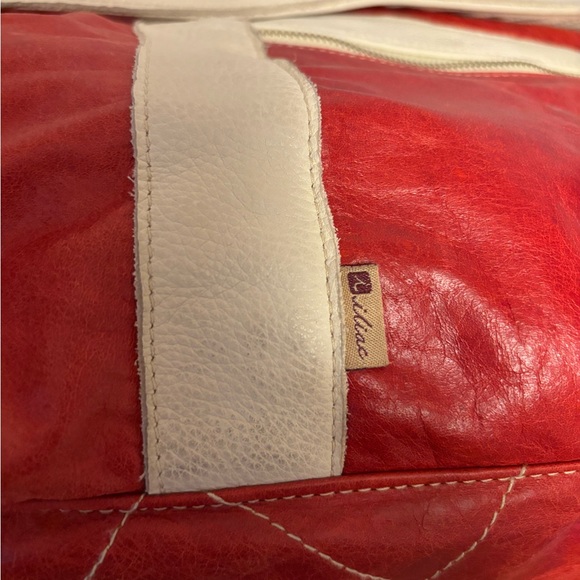Vintage Large Red and Cream Men's‎ Leather Bag “Suncadia” Logo w/ Argile Detail - Picture 6 of 14
